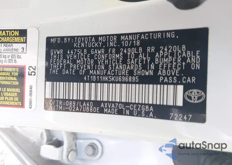 2019 Toyota Camry Xle из США, поврежденный, VIN 4T1B11HK5KU696895